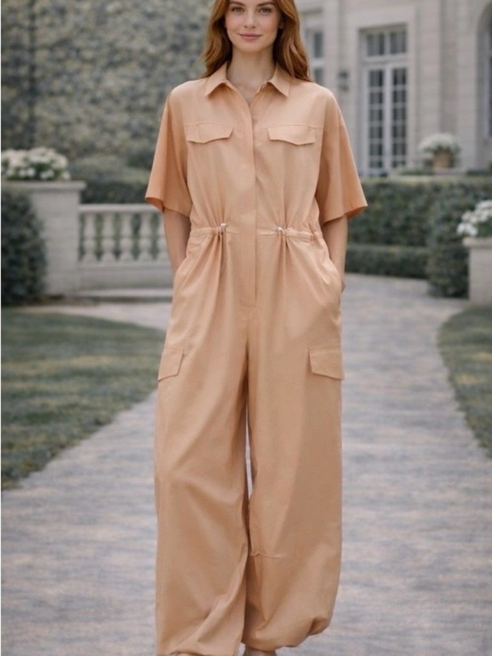 Zara Short Sleeve Utility Oversized Tan Parachute Jumpsuit